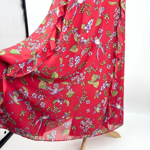 Nanette Lepore Sleeveless Maxi Dress Sz 6 Red Chiffon Floral Hummingbird Print - Picture 8 of 15